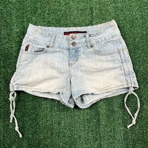 VTG Mudd Shorts Women's 5 28X3" Blue Jean Micro Mini Side Ties Low Rise Y2K